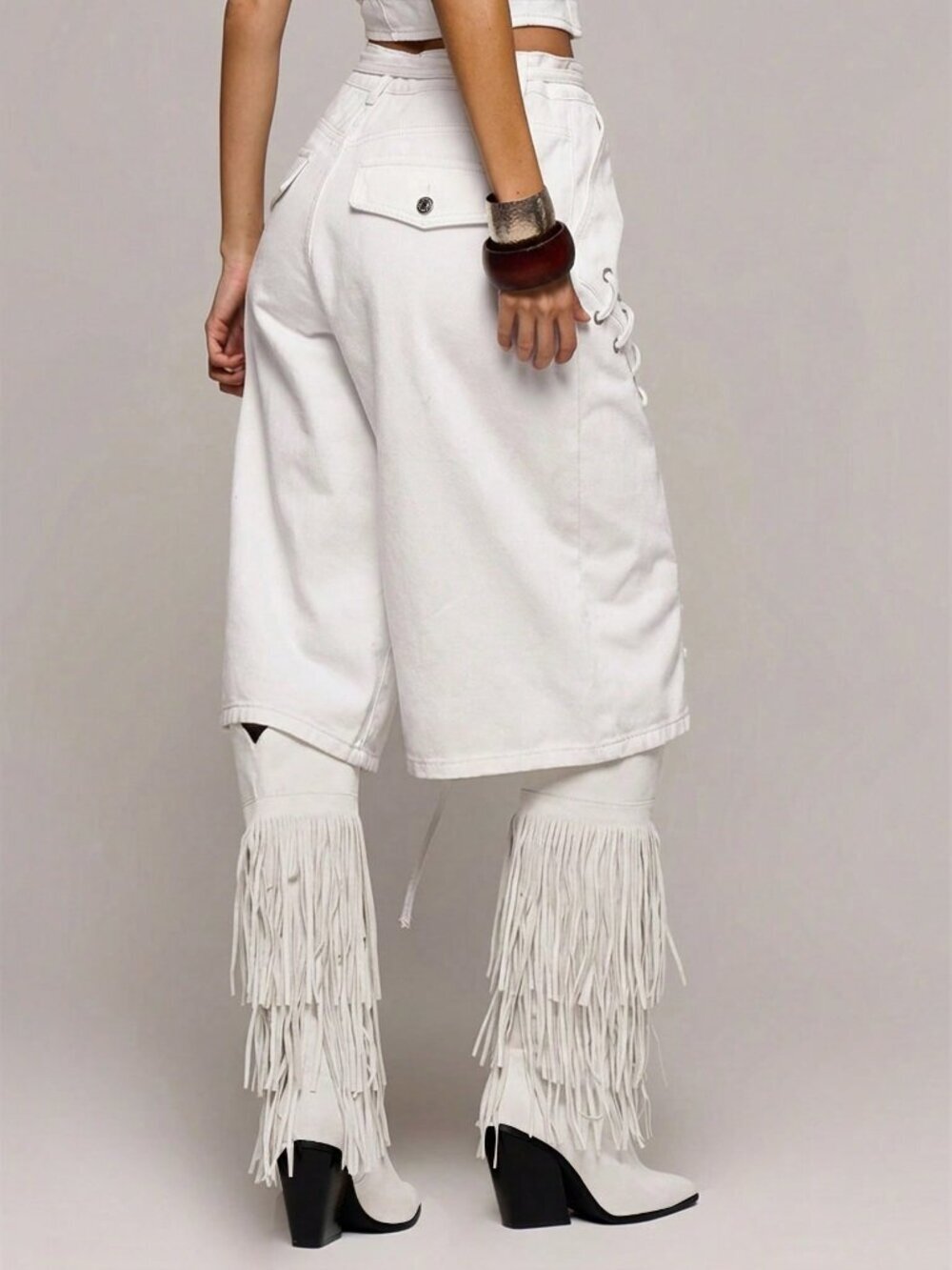 White Casual Women's Eyelet Lace Up Loose Fit Denim Jorts Bermuda shorts - Picture 4 of 5